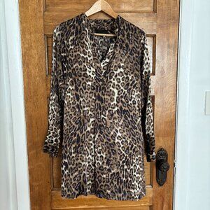 Nili Lotan Silk Leopard Knee-Length Long Sleeve Popover Jane Dress - XS